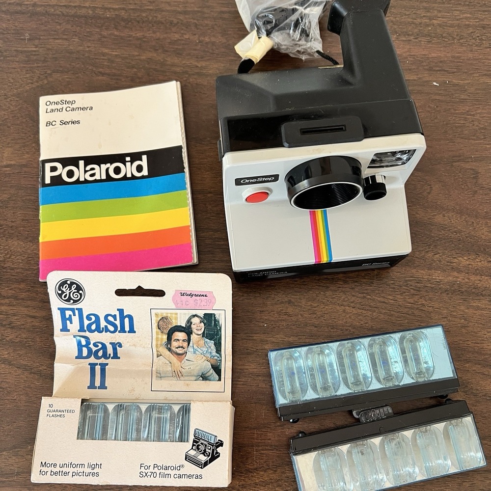 Polaroid OneStep Land Camera BC Series Rainbow Stripe Flash Bars Manual Untested